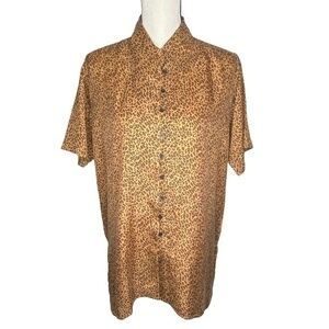 Bogari Studio Vintage Top Leopard Print Silk Button Down Short Sleeve Oversized